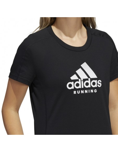 Adidas brand short-sleeved running t-shirt for women. Logo view.