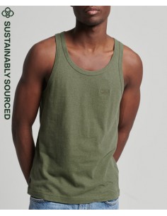 Camiseta sin manga de color verde khaki y cuello redondo básica de la marca Superdry. Vista portada.