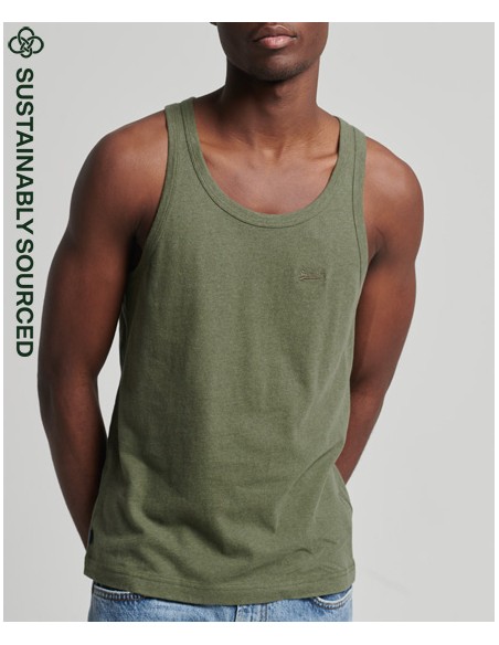 Khaki green sleeveless t-shirt with a basic round neckline from the Superdry brand. Cover view.