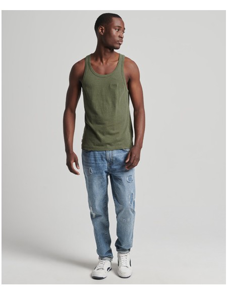 Khaki green sleeveless t-shirt with a basic round neckline from the Superdry brand. Front view.