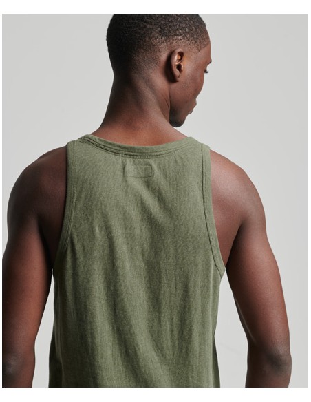 Khaki green sleeveless t-shirt with a basic round neckline from the Superdry brand. Back view.
