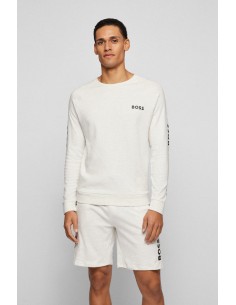 White sports style sweatshirt with side stripes from the Boss brand. Cover view.