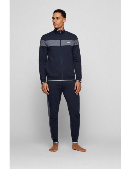 Navy blue sports tracksuit pants with a classic cut from the Boss brand. General view.