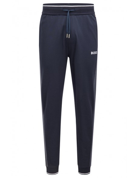 Navy blue sports tracksuit pants with a classic cut from the Boss brand. Article view.