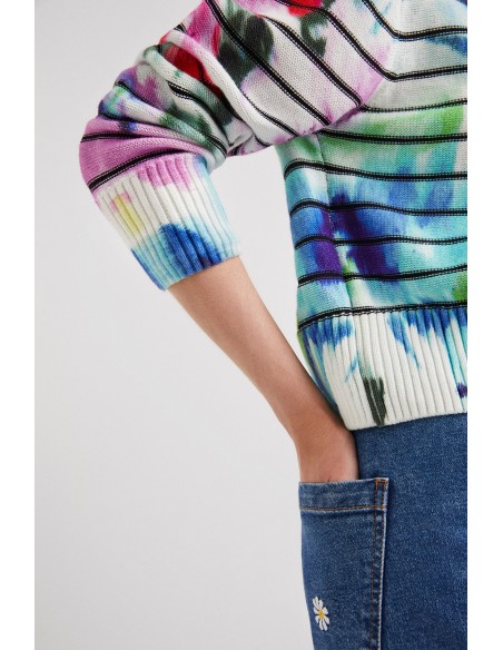 Desigual brand knit sweater with stripes and flower print. Detailed view.