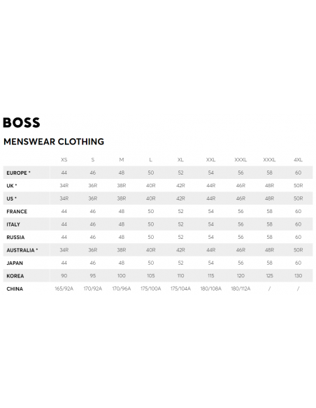Size guide for pants for men from the Boss brand.