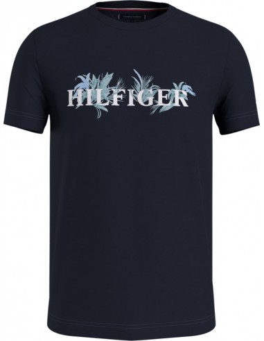 Camiseta azul marino con logo floral y manga corta de la marca Tommy Hilfiger. Vista portada.