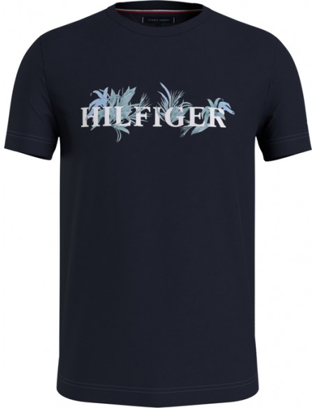 Camiseta azul marino con logo floral y manga corta de la marca Tommy Hilfiger. Vista portada.