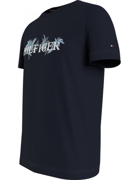 Camiseta azul marino con logo floral y manga corta de la marca Tommy Hilfiger. Vista lateral.