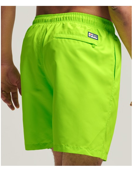 Neon green swim shorts from the Superdry brand for men. Back view.