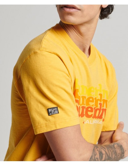 Yellow short-sleeved t-shirt for men with logo on the back. Cover view.
