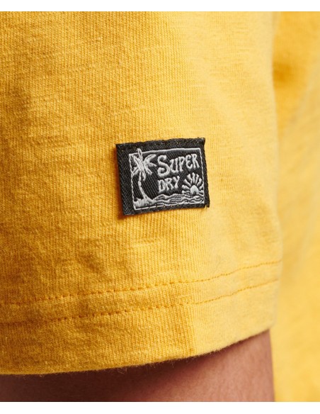 Yellow short-sleeved t-shirt for men with logo on the back. Detail view.