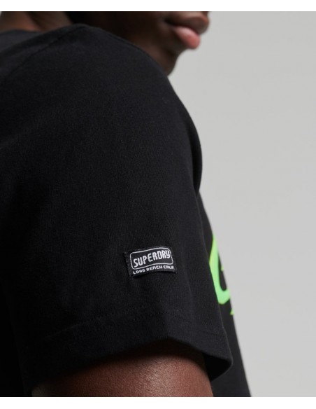 Black t-shirt with neon logo from the Superdry brand for men. Detail view.