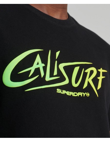 Black t-shirt with neon logo from the Superdry brand for men. Logo view.