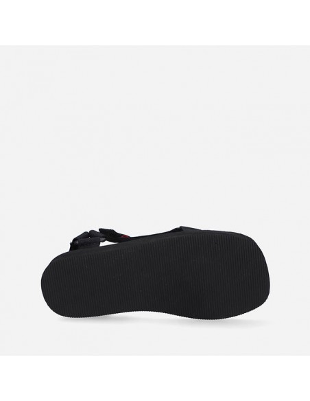 Black sandals for women with multiple straps Levi's brand. Sole view.