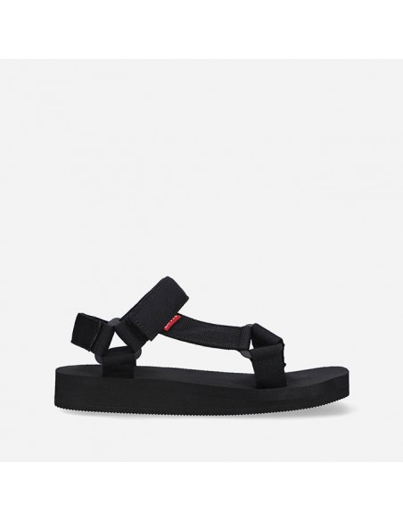 Black sandals for women with multiple straps Levi's brand. Side view left.