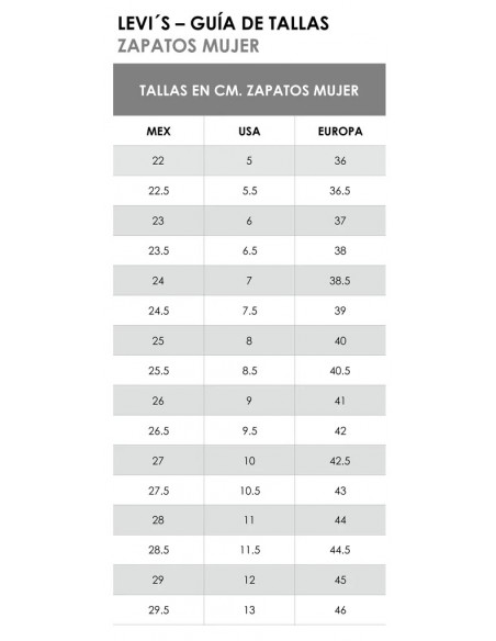 Size guide for Levi's brand women's shoes.