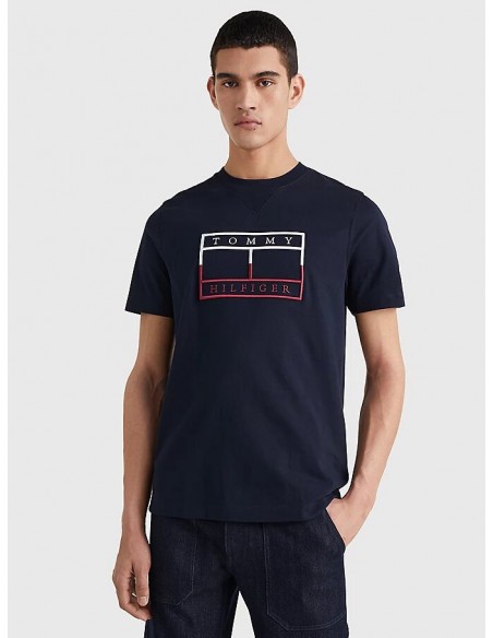 Navy blue short-sleeved t-shirt with embroidered logo of the Tommy Hilfiger brand. Cover view.