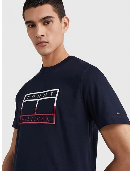 Camiseta de manga corta en color azul marino con logo bordado de la marca Tommy Hilfiger. Vista general.