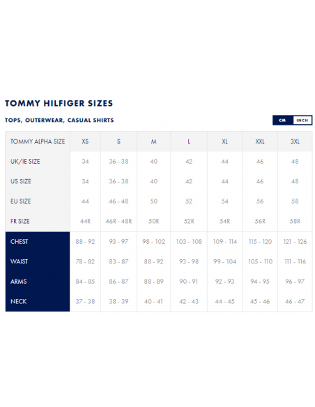 Guía de tallas de camisetas para hombre de la marca Tommy Hilfiger.